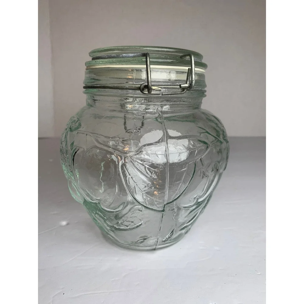 Vintage 70s Green Tint Glass Jar Embossed Fruit Pattern Wire Bail Hermetic‎ Lid